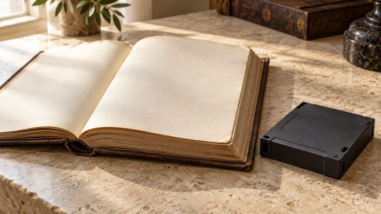 Illustrative blank banking ledger beside an unbranded digital storage cartridge