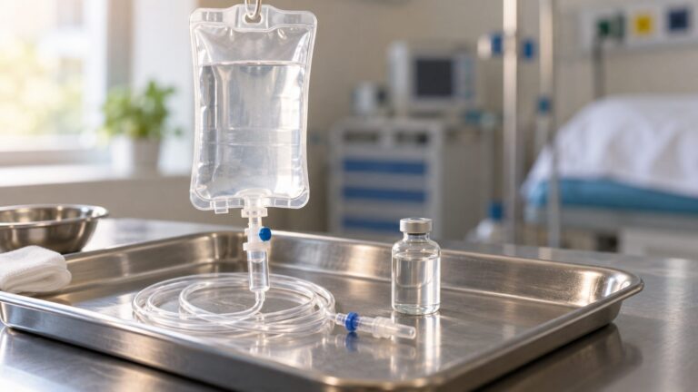 Illustrative infusion bag, tubing and medicine vial on a clinical tray