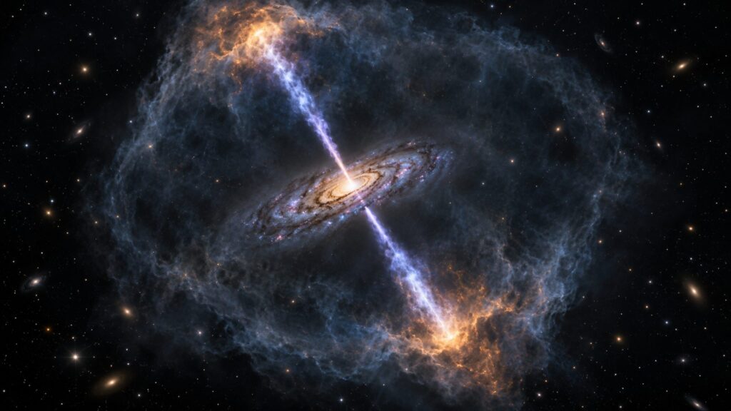 Conceptual illustration of a galaxy, directed jets and faint surrounding gas