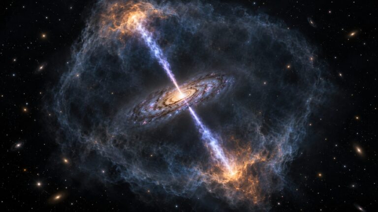 Conceptual illustration of a galaxy, directed jets and faint surrounding gas