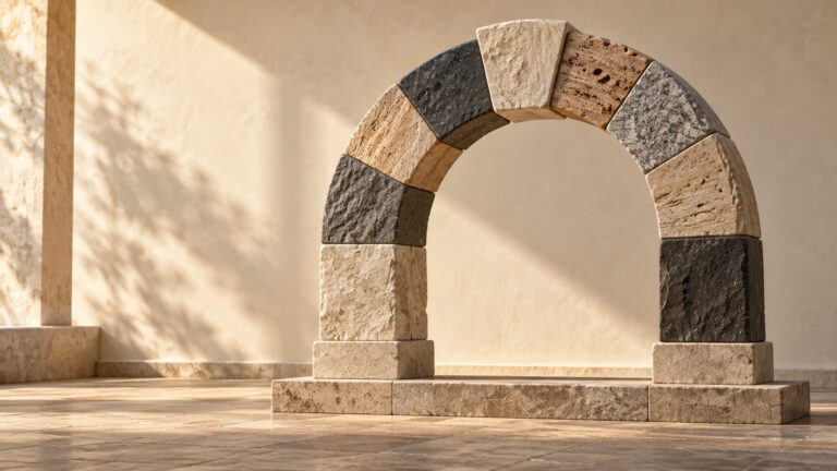 Conceptual stone arch assembled from contrasting materials, illustrating cooperation among different participants.
