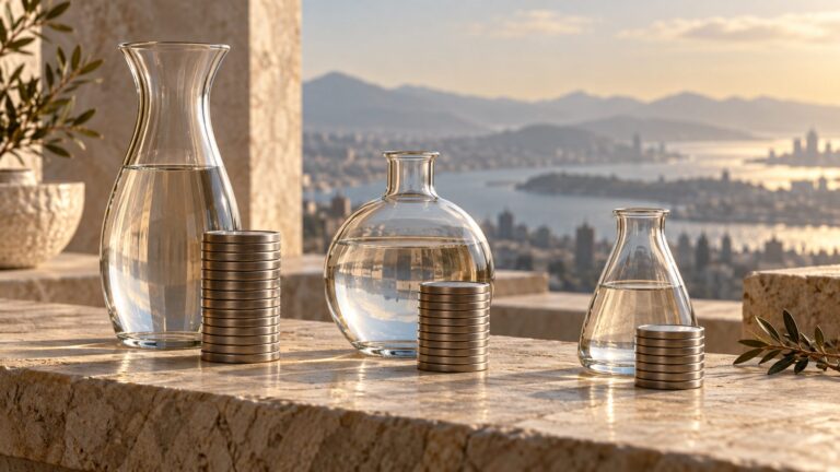 Conceptual glass vessels and unmarked metal counters representing revenue comparison