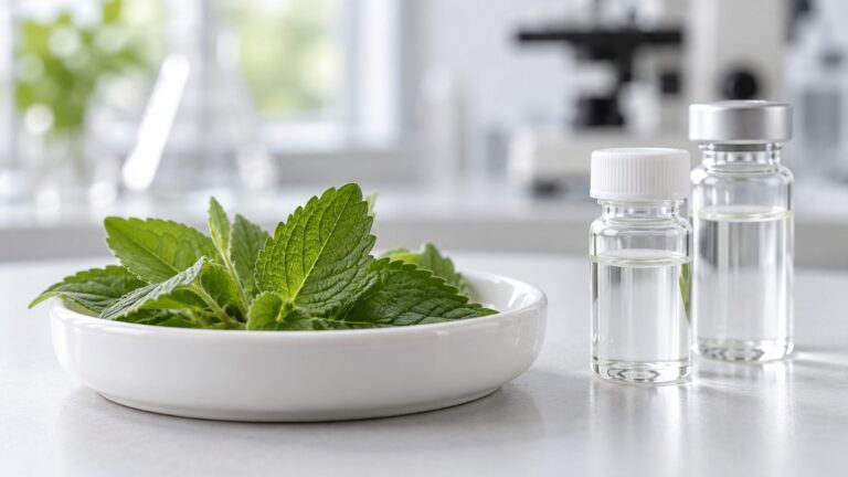 Conceptual medicinal-plant research still life with green leaves, clear glass vial and ceramic sample dish