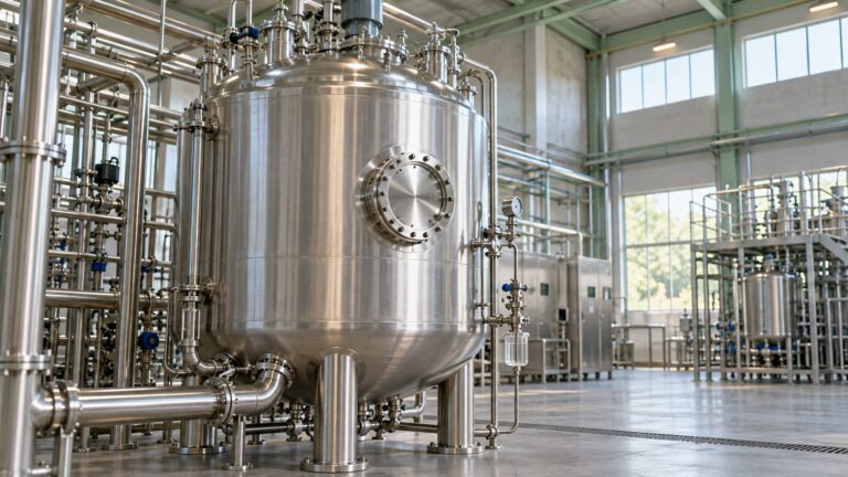 Illustrative stainless-steel pharmaceutical fermentation vessel with sanitary pipework