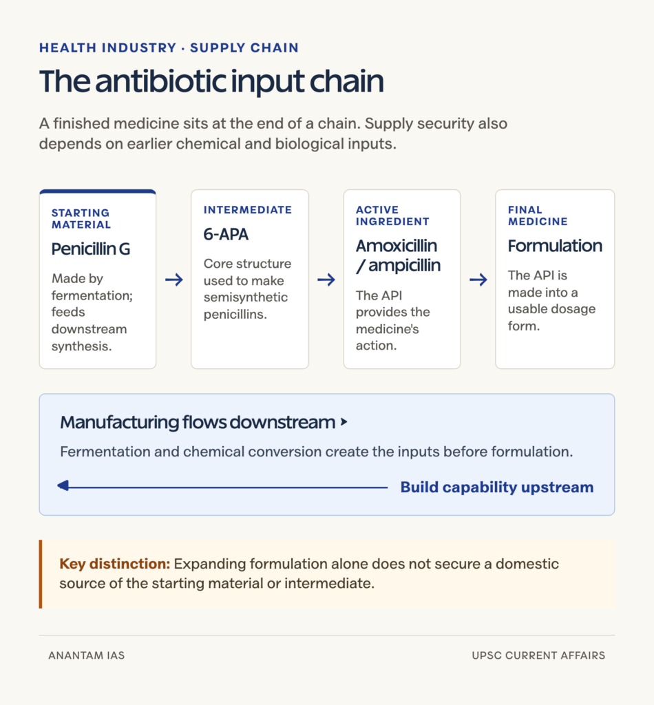 Penicillin G starting material, 6-APA intermediate, antibiotic active ingredient and finished formulation, with backward integration upstream.