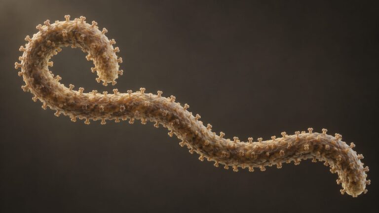 Conceptual illustration of a filamentous ebolavirus-like particle, without species-identifying detail
