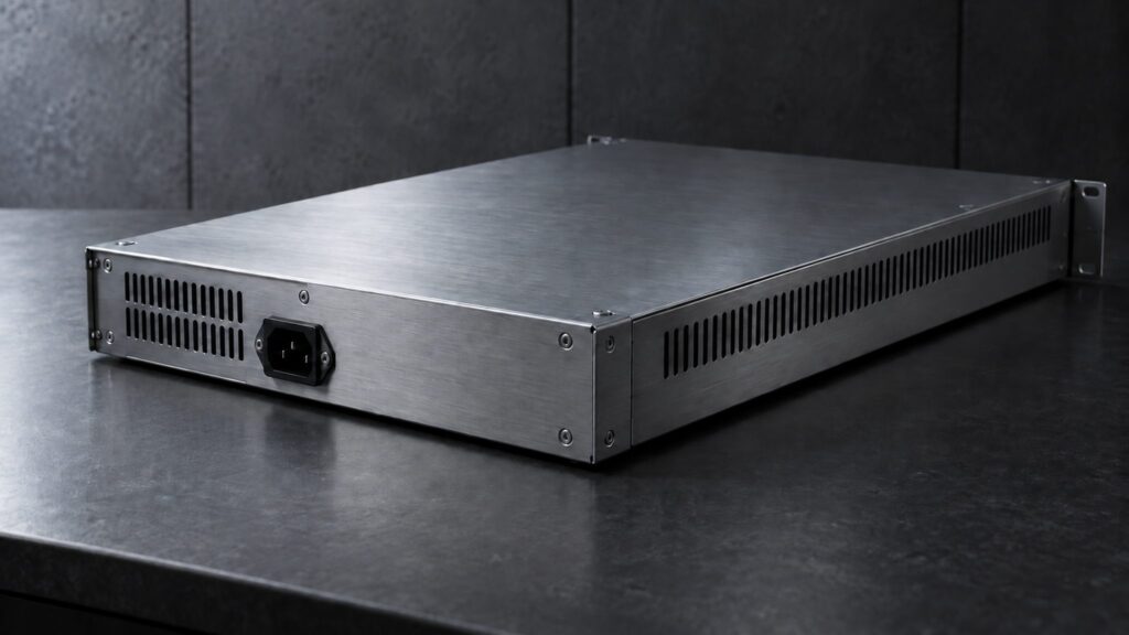 Illustrative closed unbranded server enclosure on a dark inspection surface