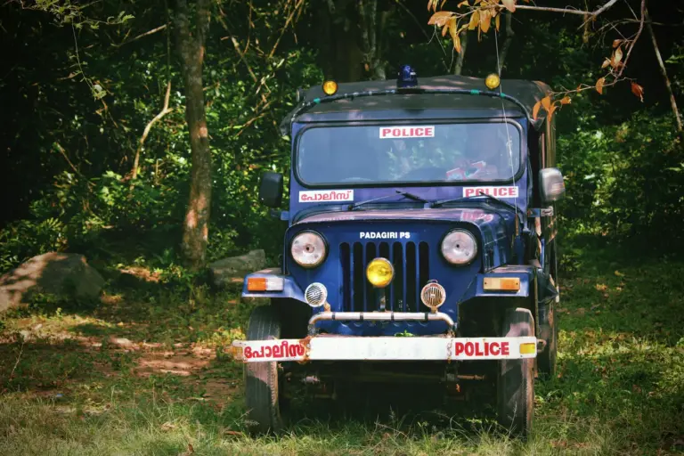 Police vehicle on a tree-lined road