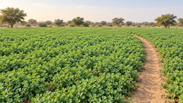 Illustrative low pulse-crop field with a sandy path in an arid agricultural landscape