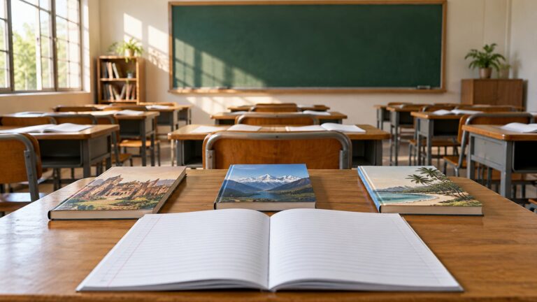 Illustrative empty middle-school classroom with unmarked books on a desk