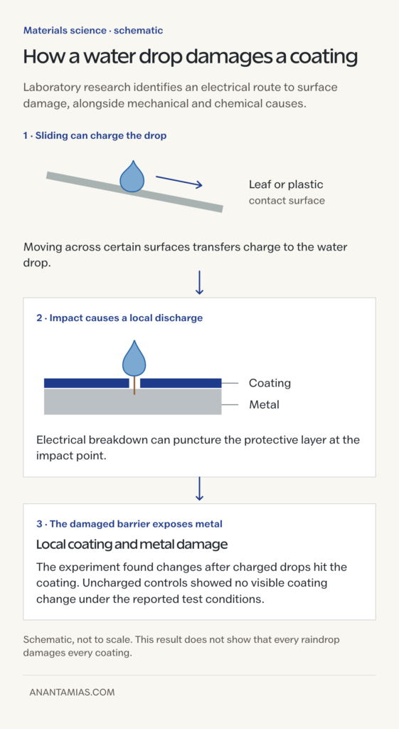 Schematic of a sliding water drop acquiring charge, electrical breakdown at a coating and localized damage to the underlying metal.