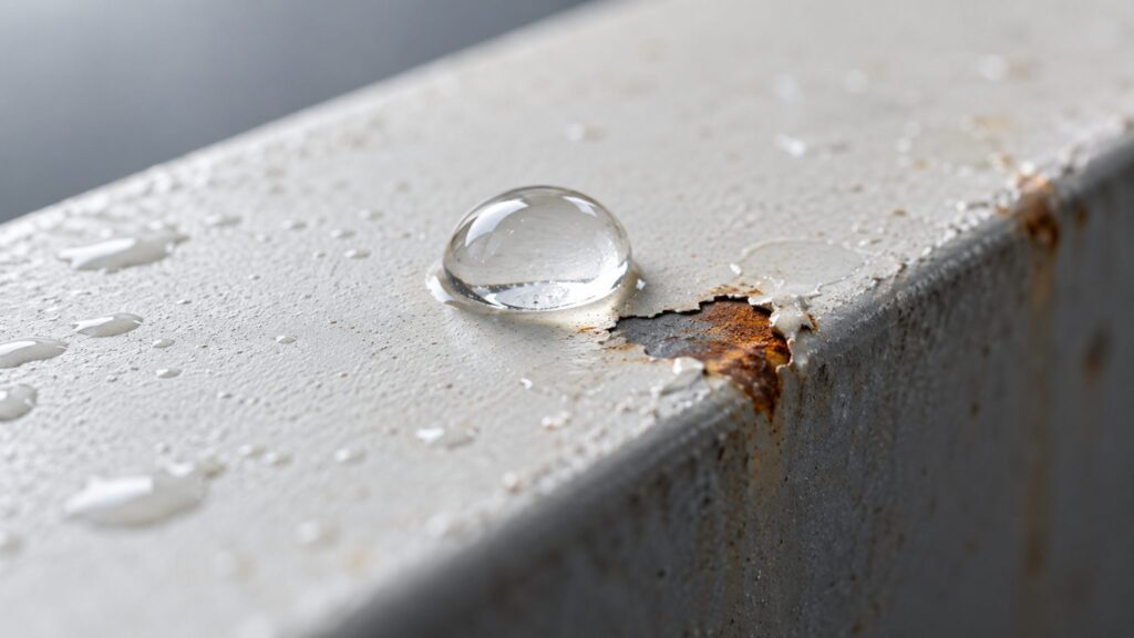 Conceptual illustration of a water bead beside a small defect in a coated metal surface