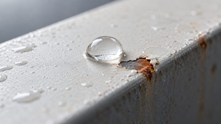Conceptual illustration of a water bead beside a small defect in a coated metal surface