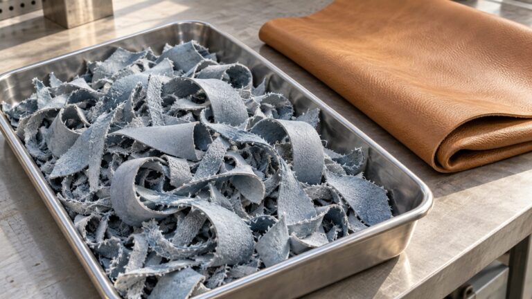 Tray of blue-gray fibrous leather shavings beside tan finished leather
