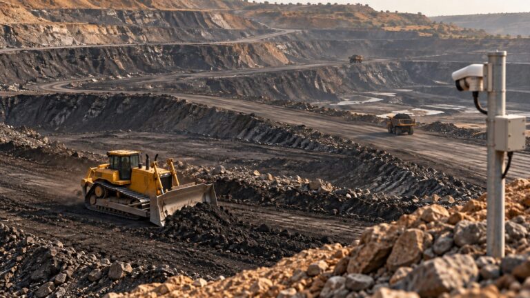 Illustrative bulldozer and sensor mast on a terraced surface-mine bench