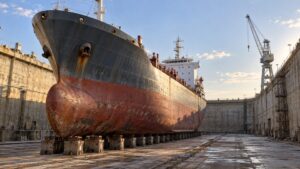 Illustrative unmarked commercial vessel supported in a dry repair dock