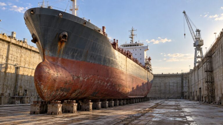 Illustrative unmarked commercial vessel supported in a dry repair dock