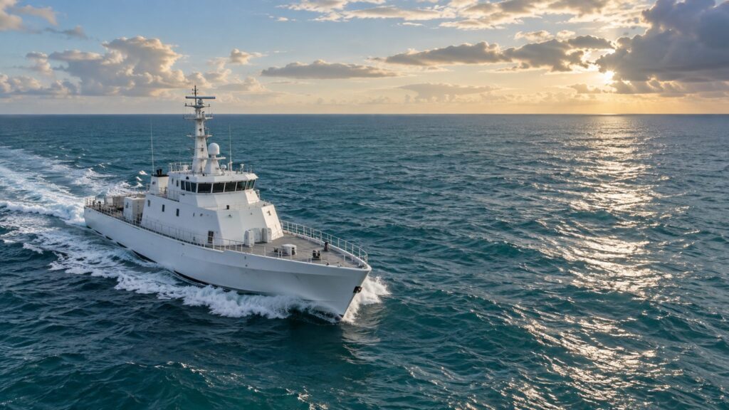 Illustrative unmarked coastal patrol vessel moving through open ocean water
