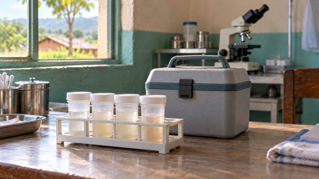 Illustrative sealed specimen containers and transport equipment; not specimens or field evidence from the Rajasthan study.