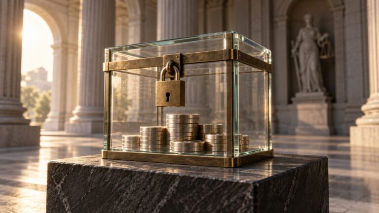Conceptual illustration of coins held inside a locked glass box in a courthouse setting