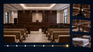 Empty courtroom represented through a complete hearing record and detached video fragments