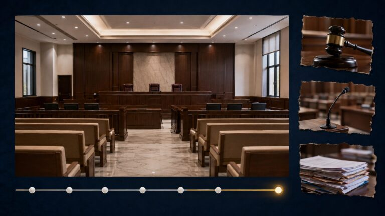 Empty courtroom represented through a complete hearing record and detached video fragments