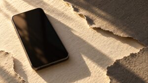 Symbolic illustration of a blank smartphone casting a long shadow across textured paper