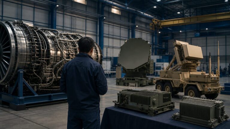Engineer inspecting indigenous defence propulsion, radar and mobility systems in an integration facility
