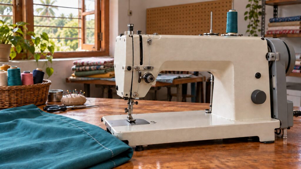 Illustrative vocational workshop with a sewing machine and cotton practice work