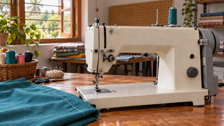 Illustrative vocational workshop with a sewing machine and cotton practice work
