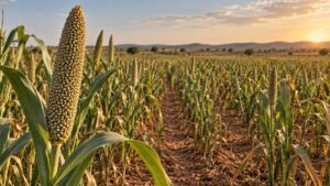Illustrative dryland pearl millet field with a detailed seed head, green leaves and ochre soil