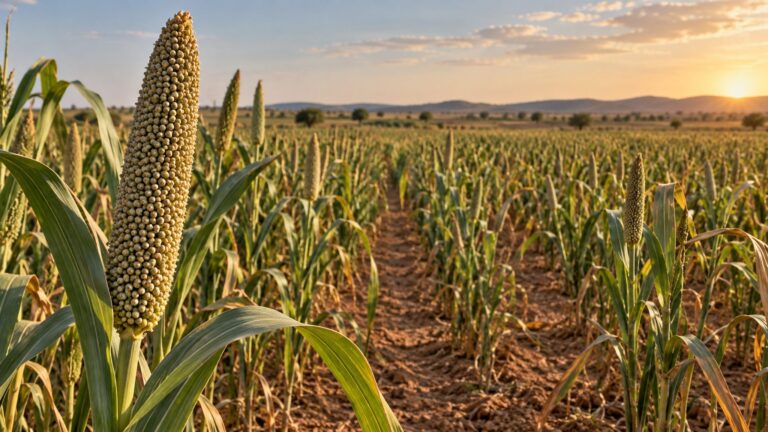 Illustrative dryland pearl millet field with a detailed seed head, green leaves and ochre soil