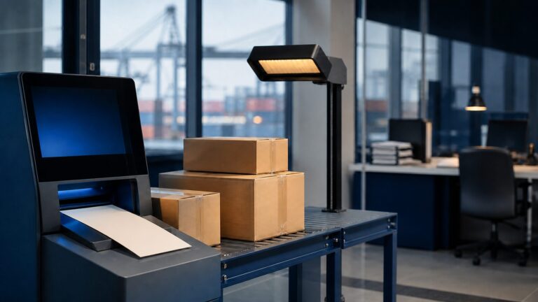Automated export certificate workflow with shipping cartons and a separate review desk