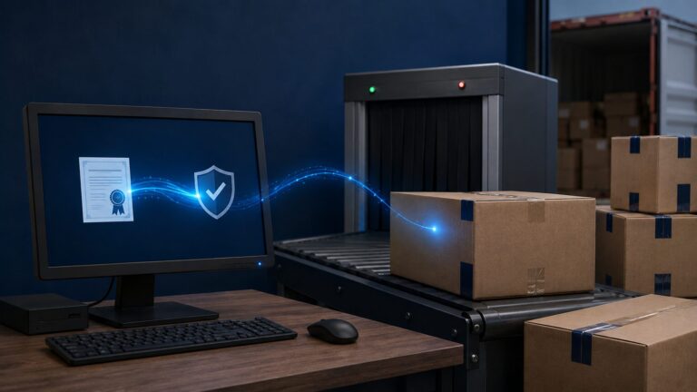 Export cartons beside a secure digital certificate exchange and customs verification terminal