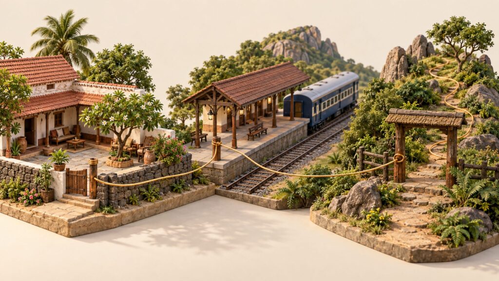 Conceptual miniature homestay, rail stop and walking trail linked by a brass thread