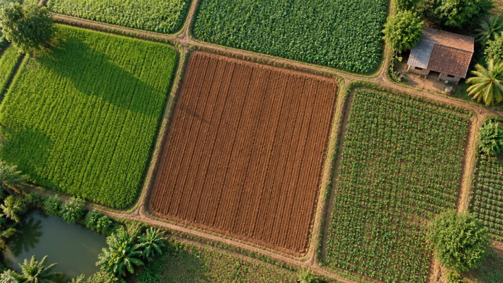 Illustrative aerial view of agricultural parcels separated by earthen bunds
