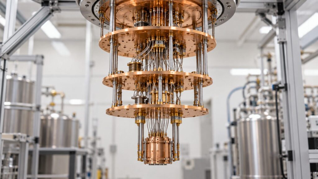 Illustrative dilution refrigerator insert with stacked copper cooling stages and fine measurement cables