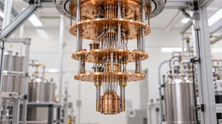 Illustrative dilution refrigerator insert with stacked copper cooling stages and fine measurement cables