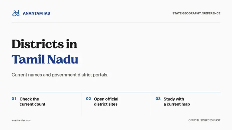 Districts in Tamil Nadu guide cover with steps to check the current count, official district sites and a map