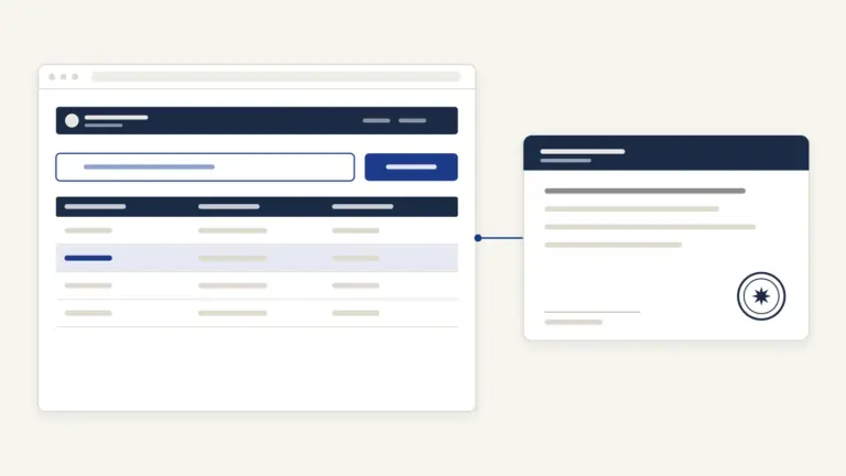 Illustration of a state services portal linked to a certificate with an official seal