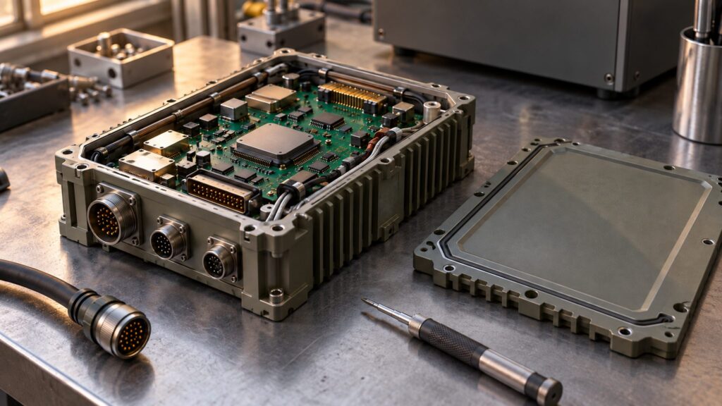 Conceptual illustration of an unmarked electronic control module with its housing open