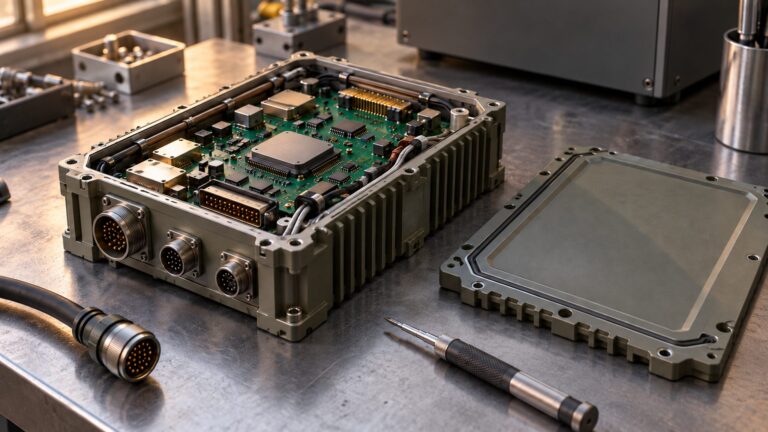 Conceptual illustration of an unmarked electronic control module with its housing open