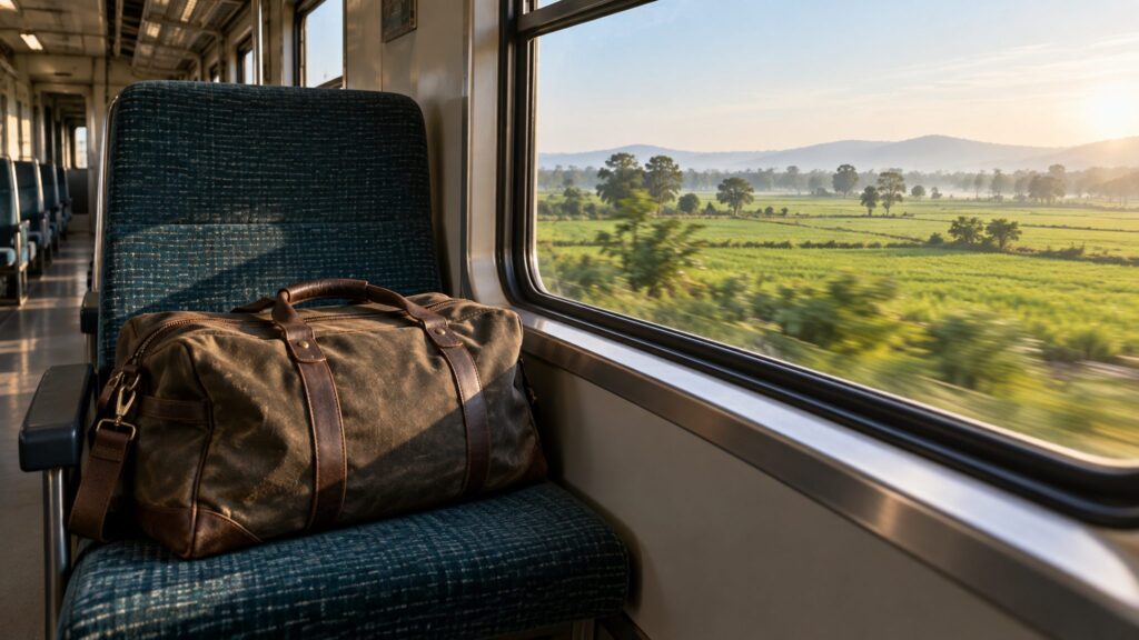 Travel bag on a train seat beside a window overlooking farmland
