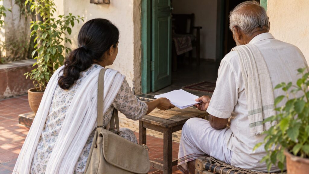 Illustrative doorstep scene of an older resident handing documents to a visiting field worker