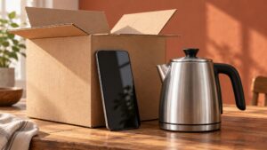 Unbranded shipping box, smartphone and stainless-steel kettle on a tabletop