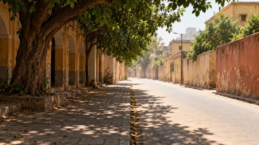 Tree-shaded footpath beside a sunlit urban lane