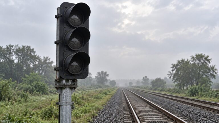 Illustrative unlit railway signal beside straight tracks