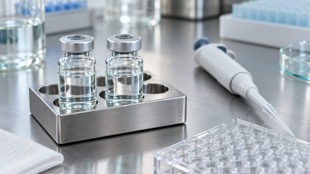 Illustrative laboratory reference vial, sample-vial rack and micropipette for pharmaceutical testing
