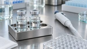 Illustrative laboratory reference vial, sample-vial rack and micropipette for pharmaceutical testing
