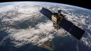 Earth-observation satellite viewing a broad cloud system from high orbit